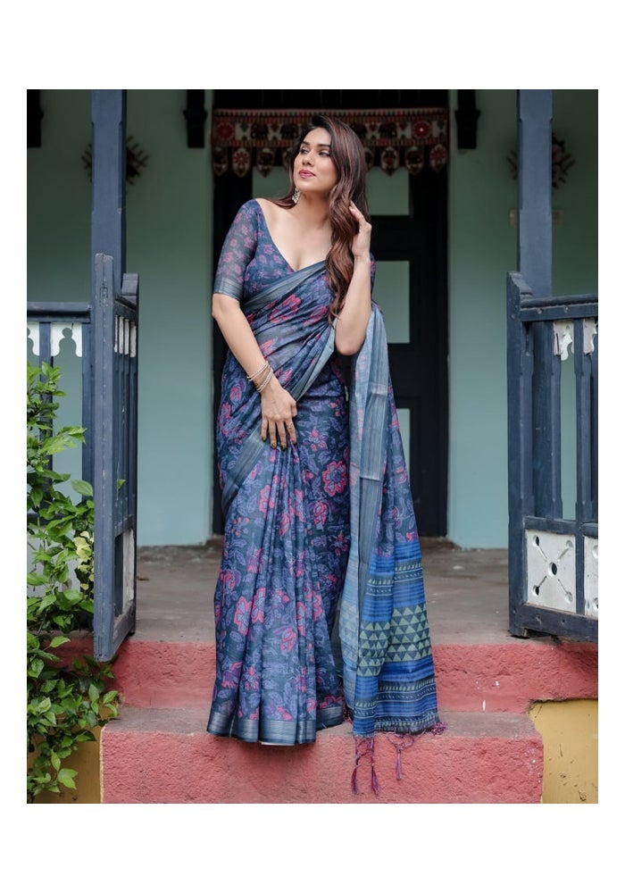 Malishka Export Blue Floral Linen Cotton Saree for Women - Image 3